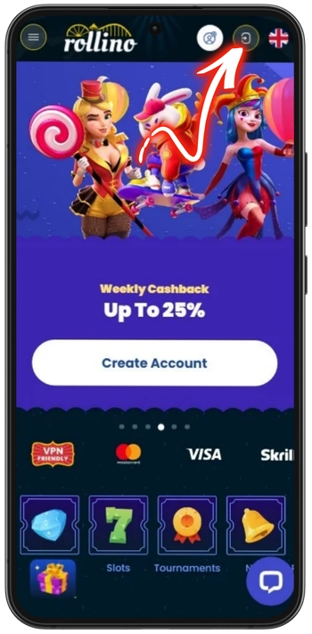 Login button Rollino in top right corner