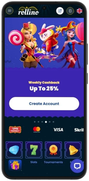 Rollino Casino homepage in browser